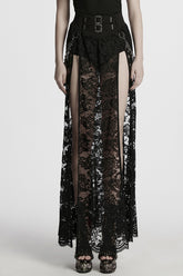 Black Embroidery Split Lace Women's Gothic Skirt with Studded Chain